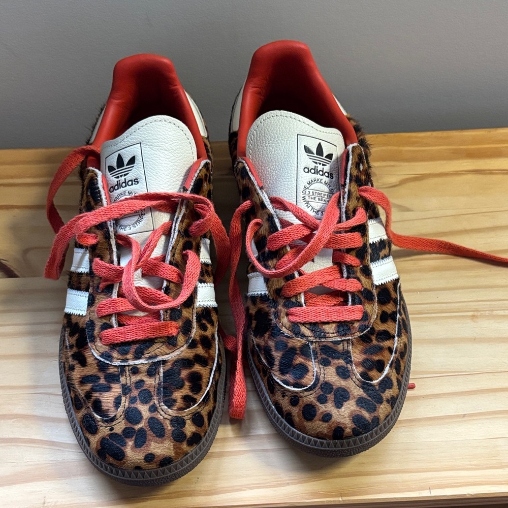 Adidas Sneakers with Leopard Print and Red Accents